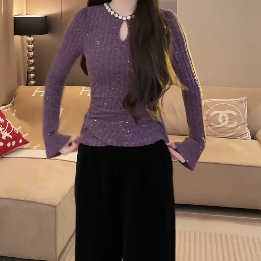 小香风紫色钉珠针织打底衫开春季收腰设计感镂空内搭可外穿上衣女