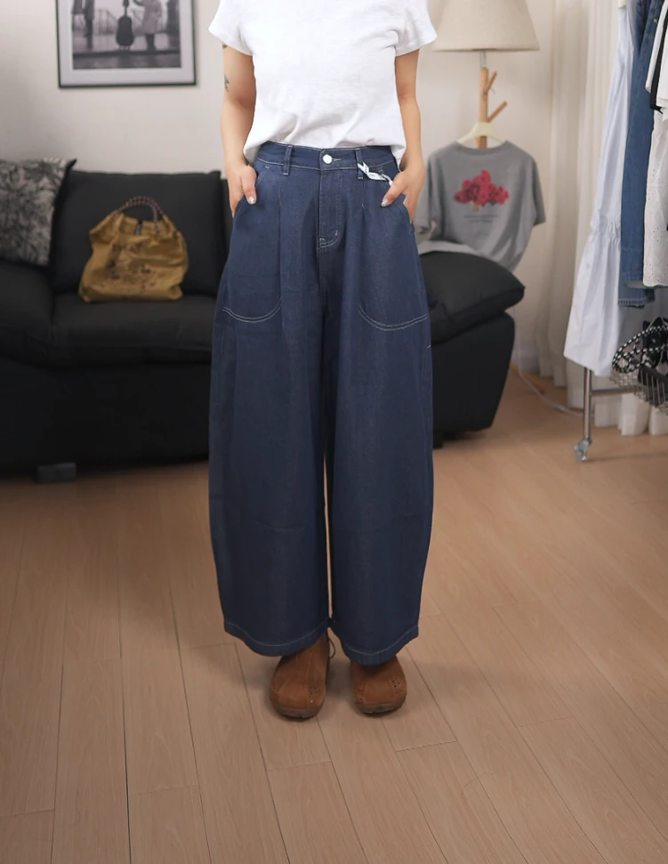 【天丝防褪色】管管定制秋季无弹九分阔腿显瘦质感蓝松紧腰牛仔裤