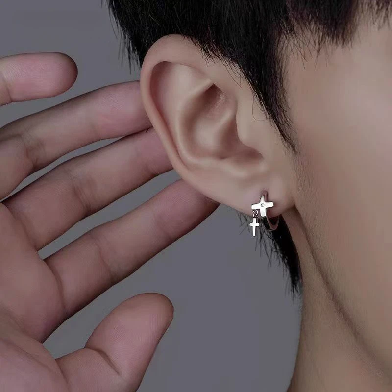 铜合金锆石耳饰 新男潮耳钉美式新潮个性双十字架设计感男士耳环