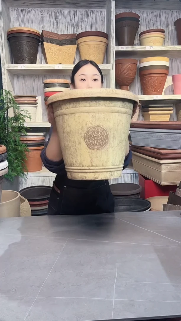 38*33/USA38-E黄色手工浮雕纹理大花盆外贸尾单