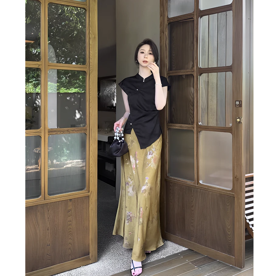 高级感气质新中式国风印花半身裙女小个子垂坠感醋酸缎面长裙子