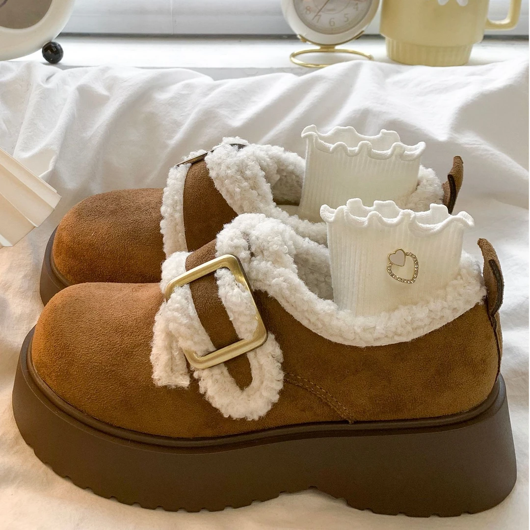 复古厚底加绒勃肯鞋女款2025新款秋冬保暖毛毛雪地靴英伦风小皮鞋