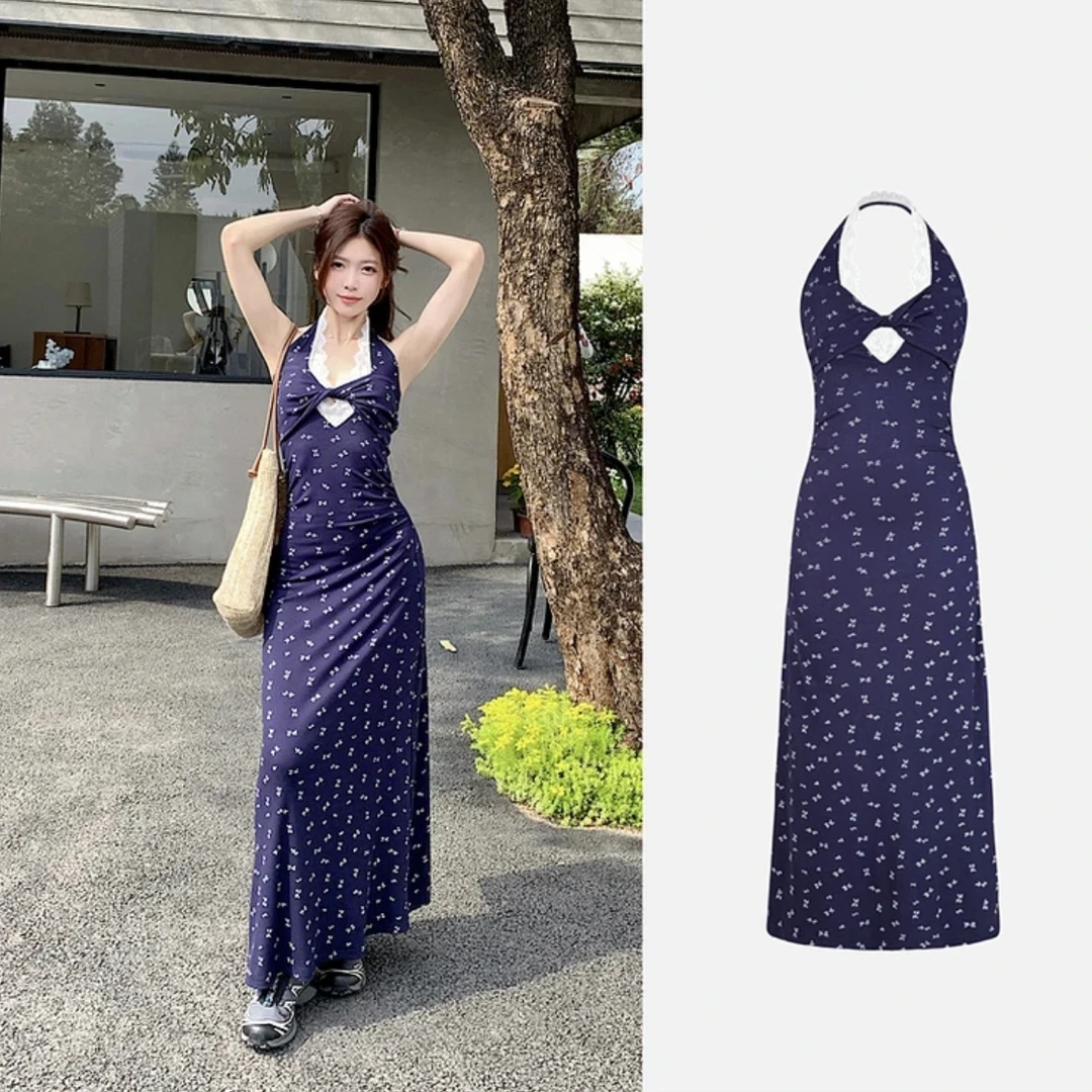 【运补】【繁花】春夏韩系碎花拼接蕾丝V领设计感连衣裙C 8585