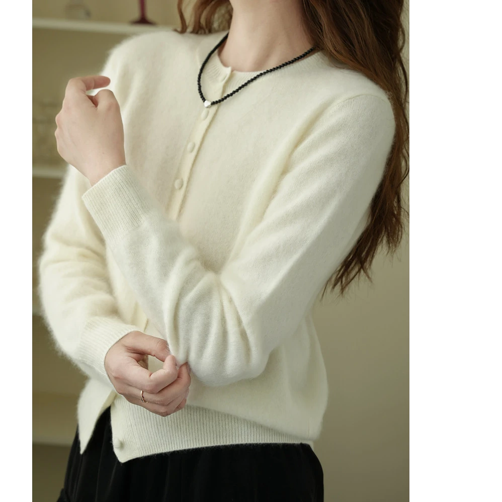 秋冬拉毛羊绒针织开衫气质百搭厚款拉绒羊毛衫简约保暖圆领打底衫