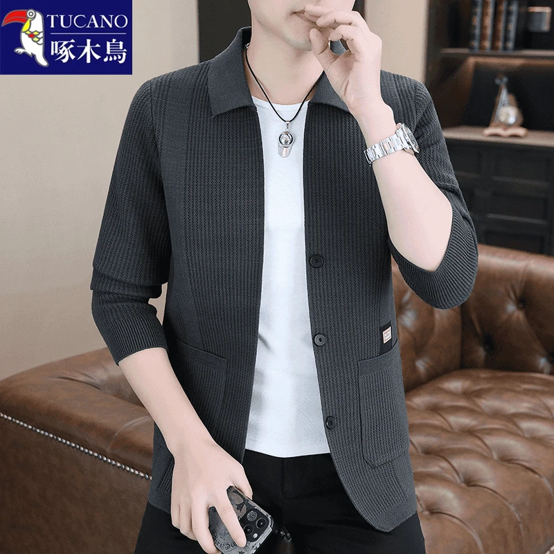 啄木鸟男士外套秋季新款潮流时尚毛衣商务修身翻领纯色上衣休闲针