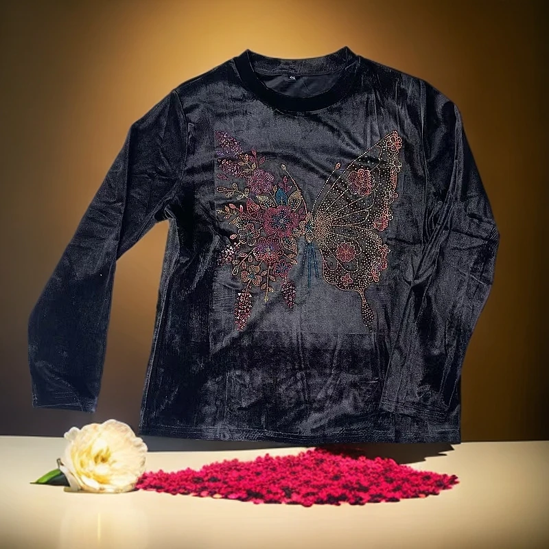 A272蝴蝶丝绒秋冬季新款大码女装衣重工烫砖亮片上衣