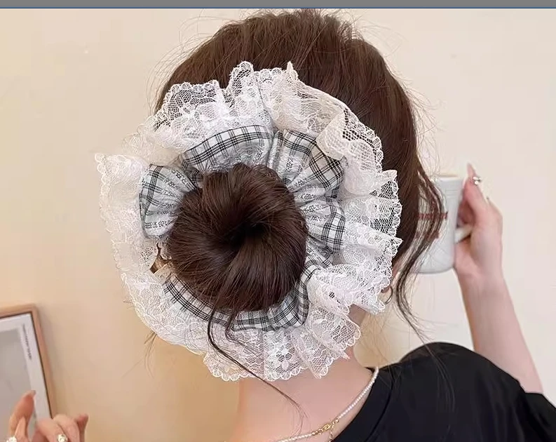 21蕾丝花边格纹大肠发圈女法式浪漫扎头发头绳低马尾丸子头发绳