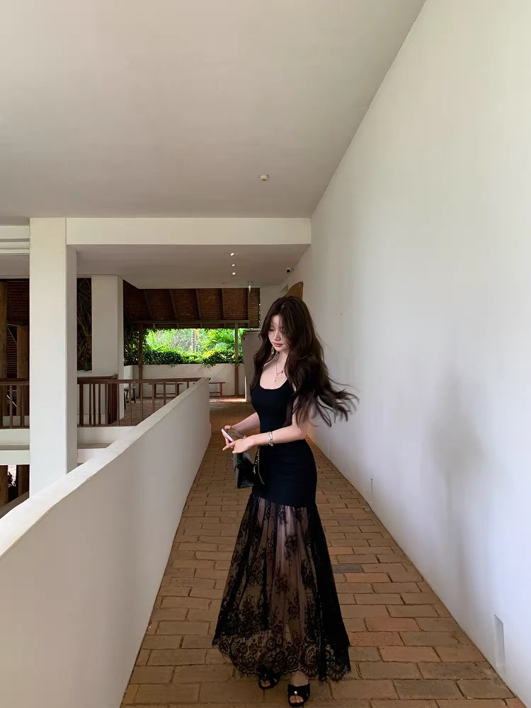 纯欲风辣妹性感半透蕾丝网纱拼接连衣裙欲感气质修身显瘦吊带长裙