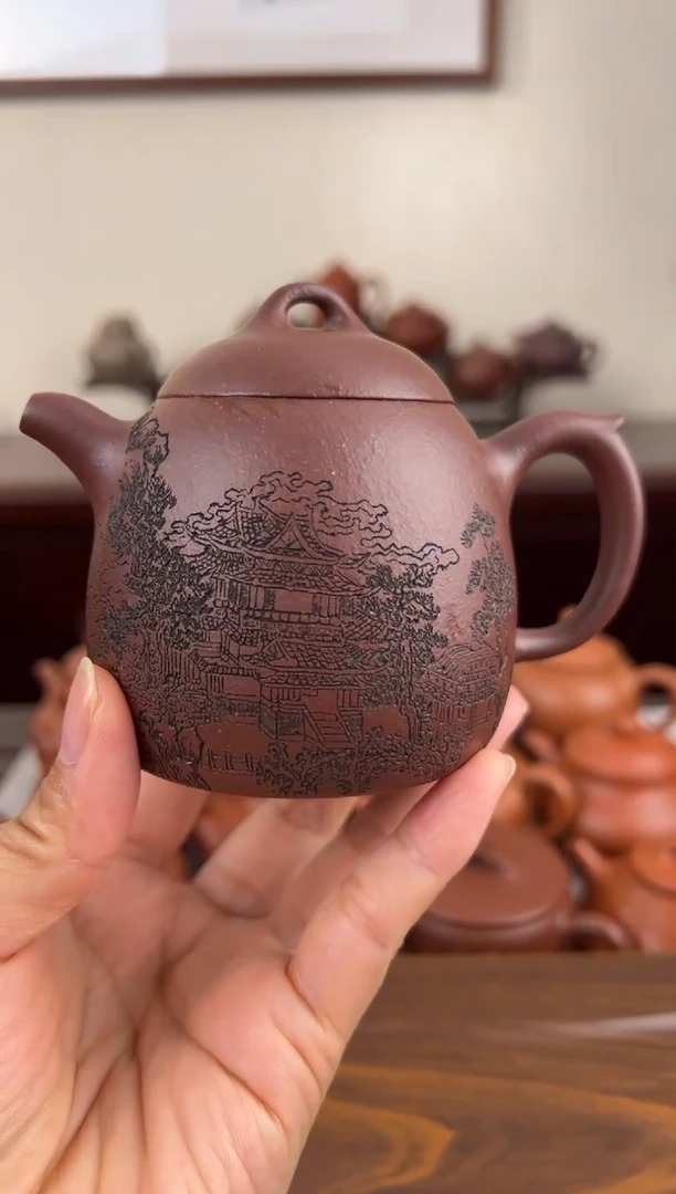 茶壶紫砂紫泥刻绘秦权壶220CC