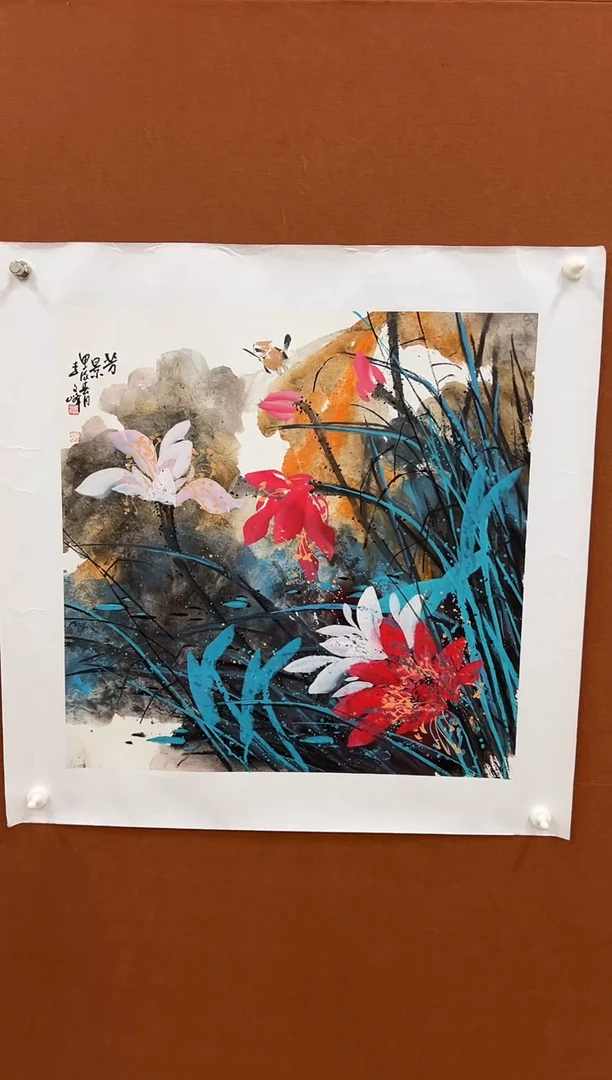 国画李文峰四尺斗方亮彩花鸟