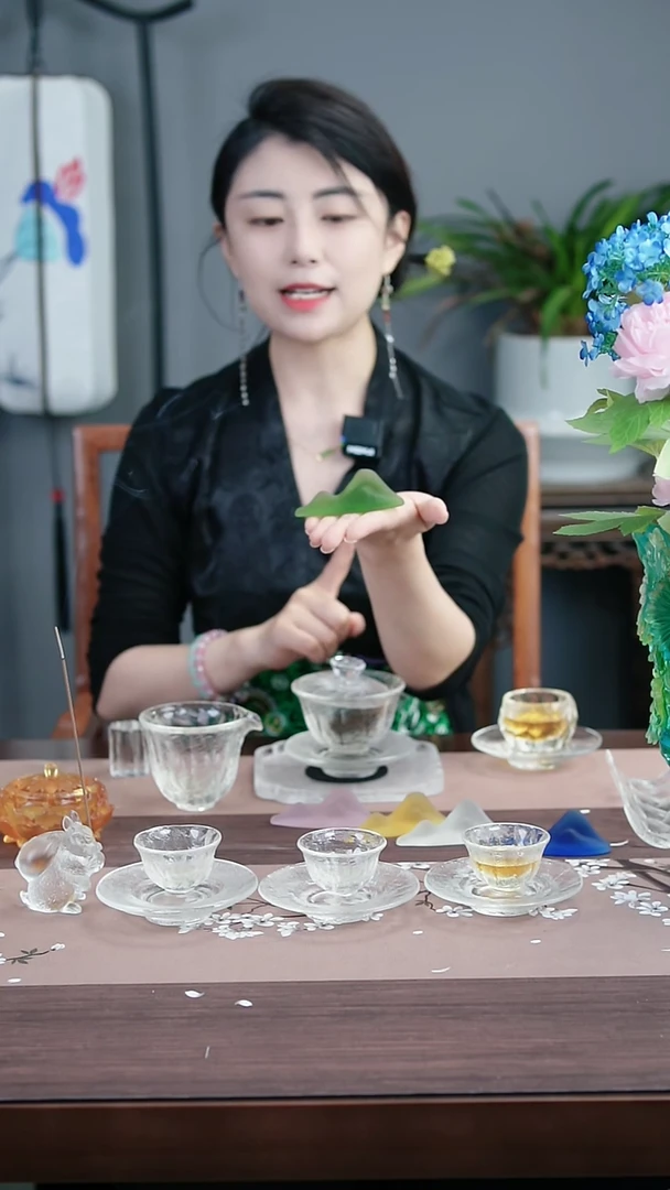 茶盏古法琉璃绿色小山茶置小摆件