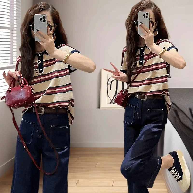 韩版复古减龄套装女2025夏季新款休闲百搭条纹POLO衫阔腿裤两件套