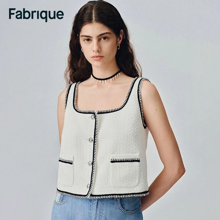 【Fabrique】 Hailey 早春新款小香风精致方领花呢短款背心马甲