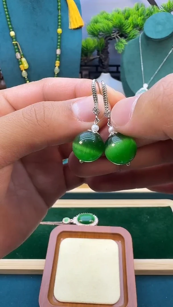 碧玺猫眼耳饰银S925镶嵌E371