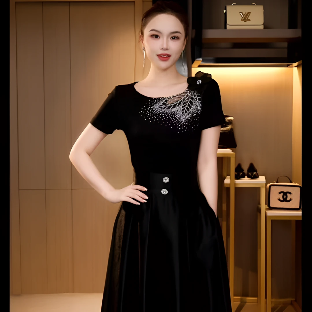 DY25X-6387夏季新款欧货短袖T恤露肩钉珠花朵烫钻修身显瘦时尚