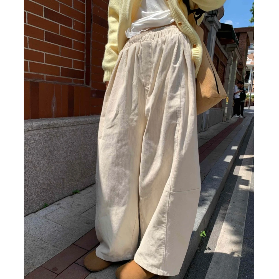 高端货~灯芯绒松紧腰休闲裤女秋季新款显瘦阔腿垂感九分裤