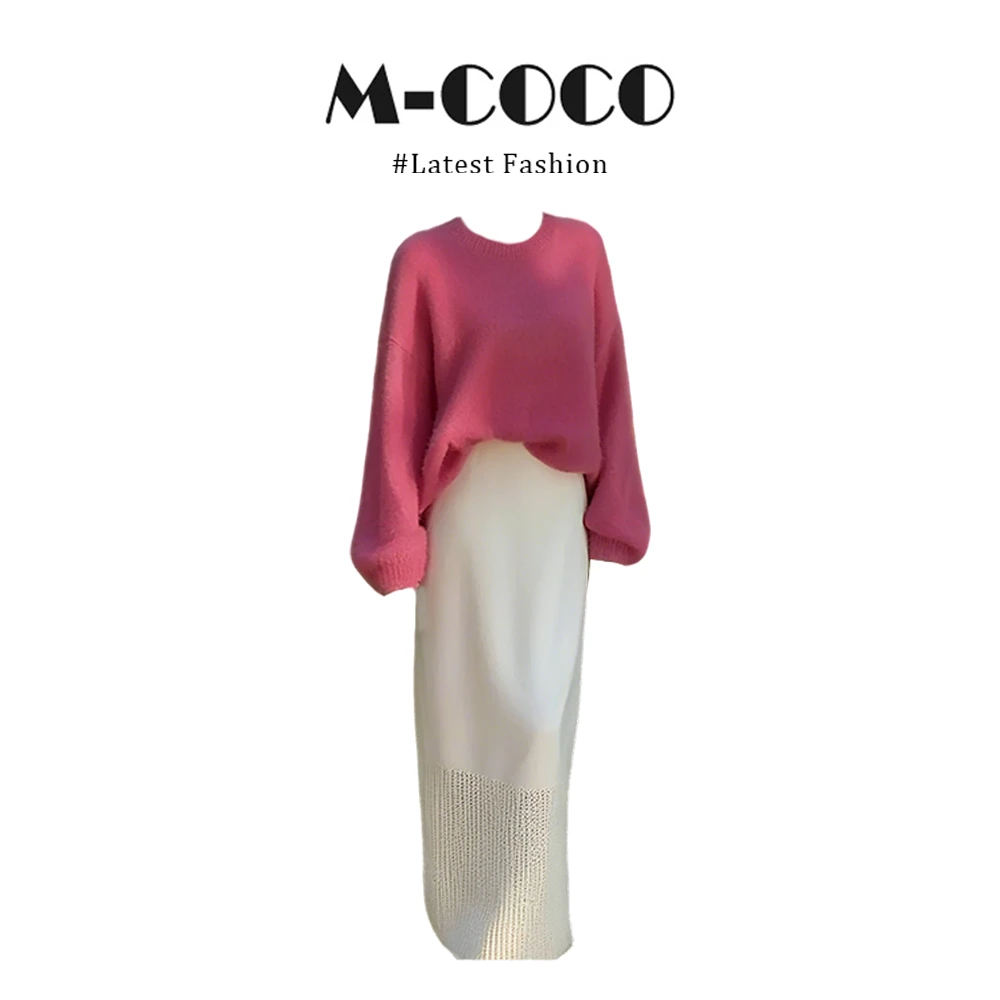 INS CEC秋冬巨好看慵懒风玫红色针织衫奶呼呼毛衣半身裙两件套