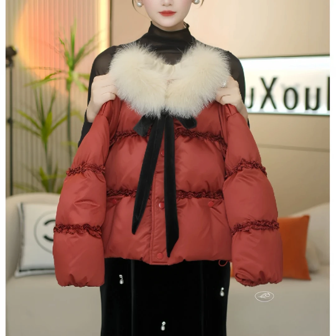 女童2025冬季新款棉服韩版洋气过年红色花边加厚棉衣棉服拜年服