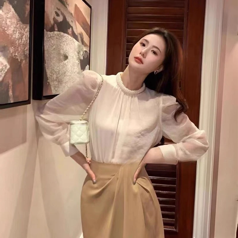 【两件套】法式宫廷风立领衬衫女春秋高级感衬衣长袖套装QJ0048