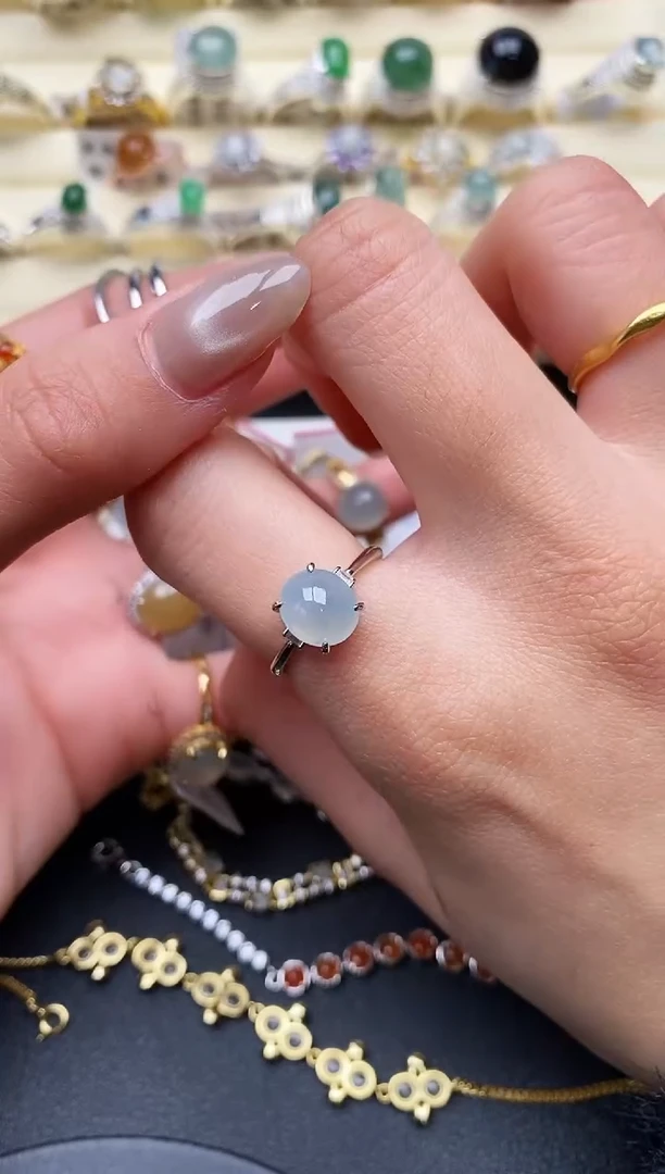 【闪购商品】翡翠戒指银S925镶嵌缅甸天然A货翡翠222  8-9