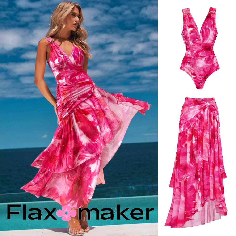 Flaxmaker【花仙子】小众设计挂脖印花连体泳衣温泉海滩度假高级
