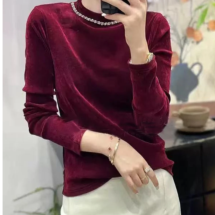 早春款耐脏钉珠气质洋气长袖保暖极简风T恤加厚复古半高领福利001