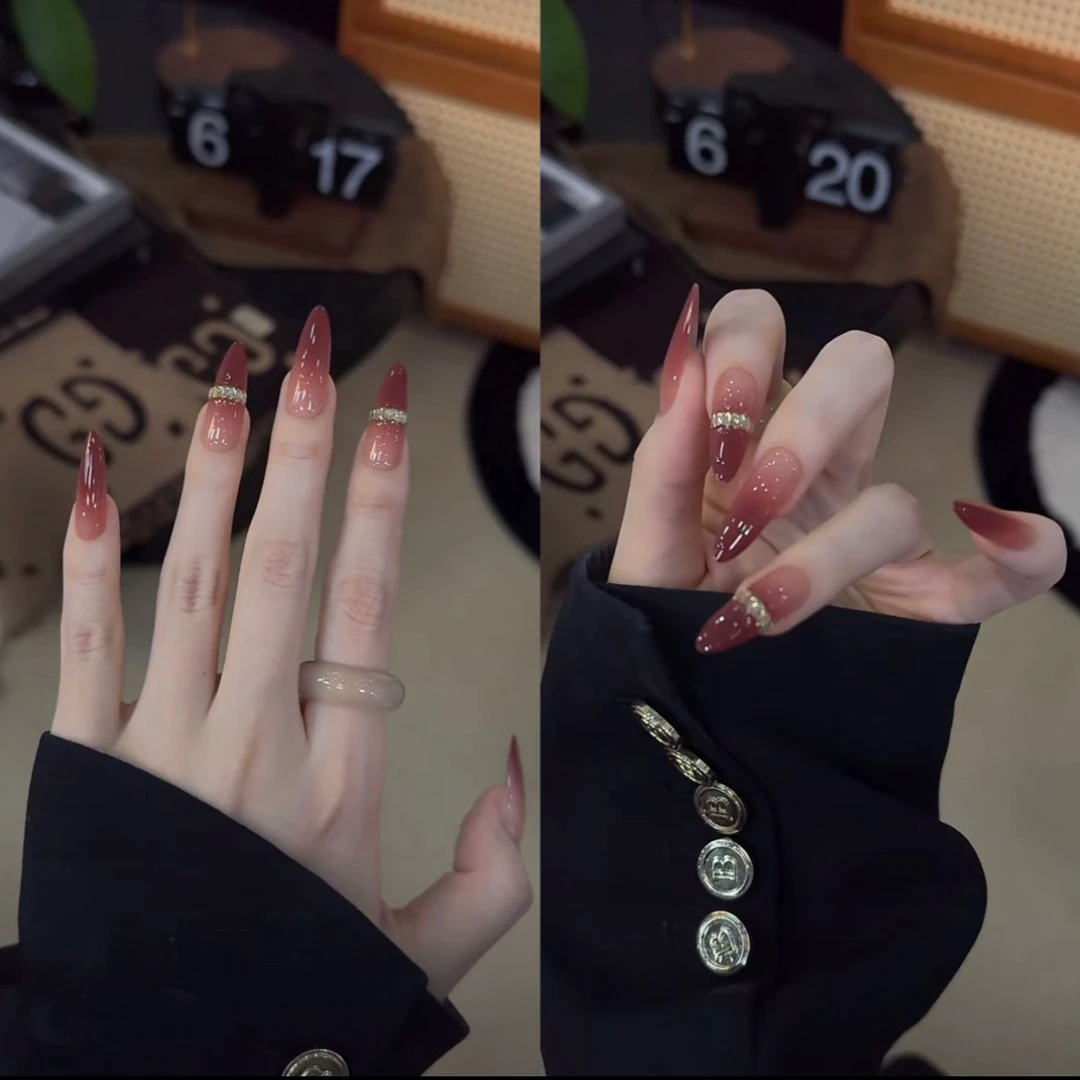 【酒渍红茶】显白红金色排钻高级贵气纯手工穿戴甲高级感新年战甲