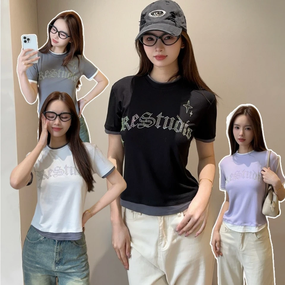 「炫彩烫钻--拼色潮T」春季新款！百搭圆领假两件撞色短袖！MZK