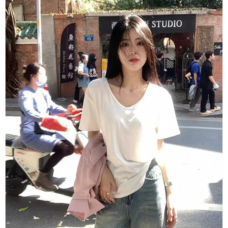 2025夏季新款纯色白色大v领宽松慵懒感弹力短袖t恤女宽松体恤上衣