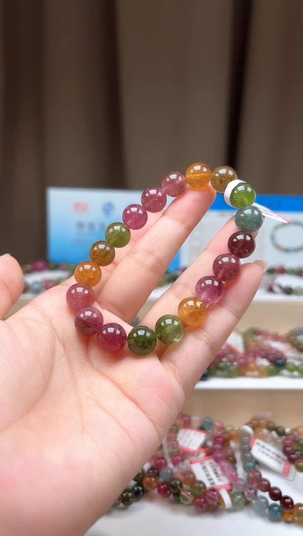 未镶嵌手串碧玺10.3mm明亮艳丽彩虹色玻璃体碧玺单圈手串