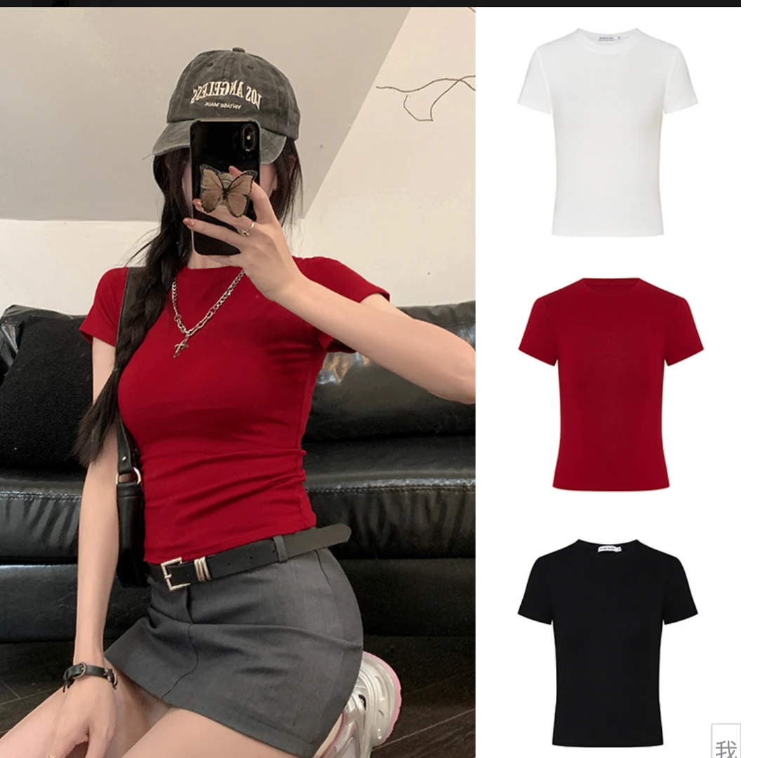 2025春夏女正肩短袖圆领T恤新款修身显瘦纯色韩版百搭时尚简约t恤
