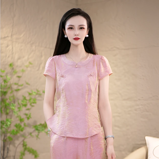 夏季时尚洋气高档大方减龄遮肚子显瘦套装两件套M-4XL