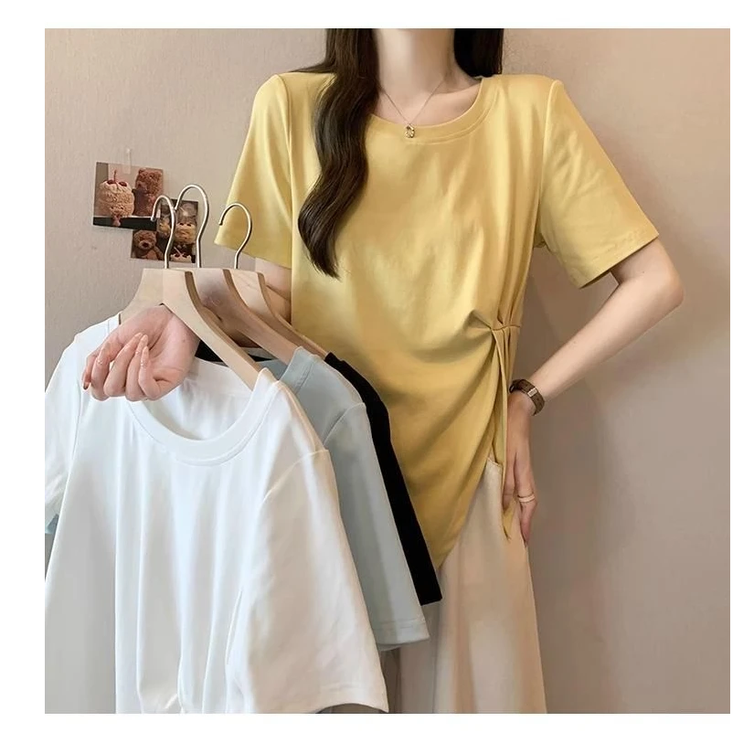夏季透气宽松修身开叉不规则显瘦穿搭休闲正肩T恤百搭短袖女上衣