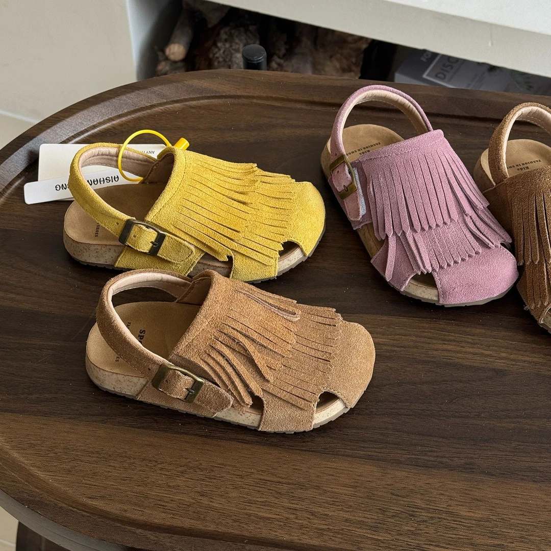 22-33码真皮儿童勃肯凉鞋女童公主流苏沙滩鞋韩版女宝宝稳步鞋夏