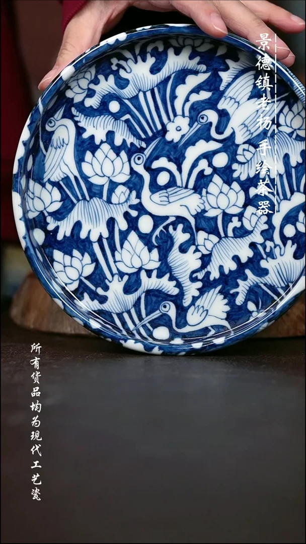 l****5微瑕手绘高温现代瓷 气  满绘一鹭莲科直边壶承17.5Cm