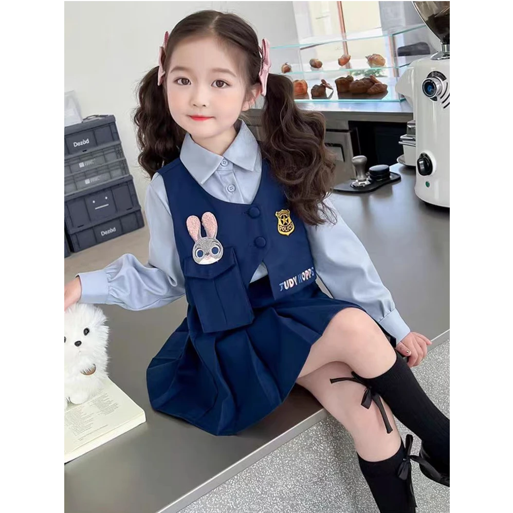 女童秋装学院风套装春秋卡通新款儿童衬衫裙子马甲兔子警服三件套