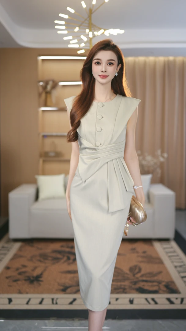 罗曼定制 高定米杏色夏季新款气质收腰圆装V领褶皱包臀连衣裙女