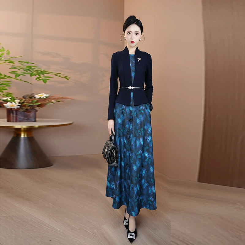 加绒假两件加厚连衣裙女2025秋冬新款优雅大摆裙子修身显瘦长裙