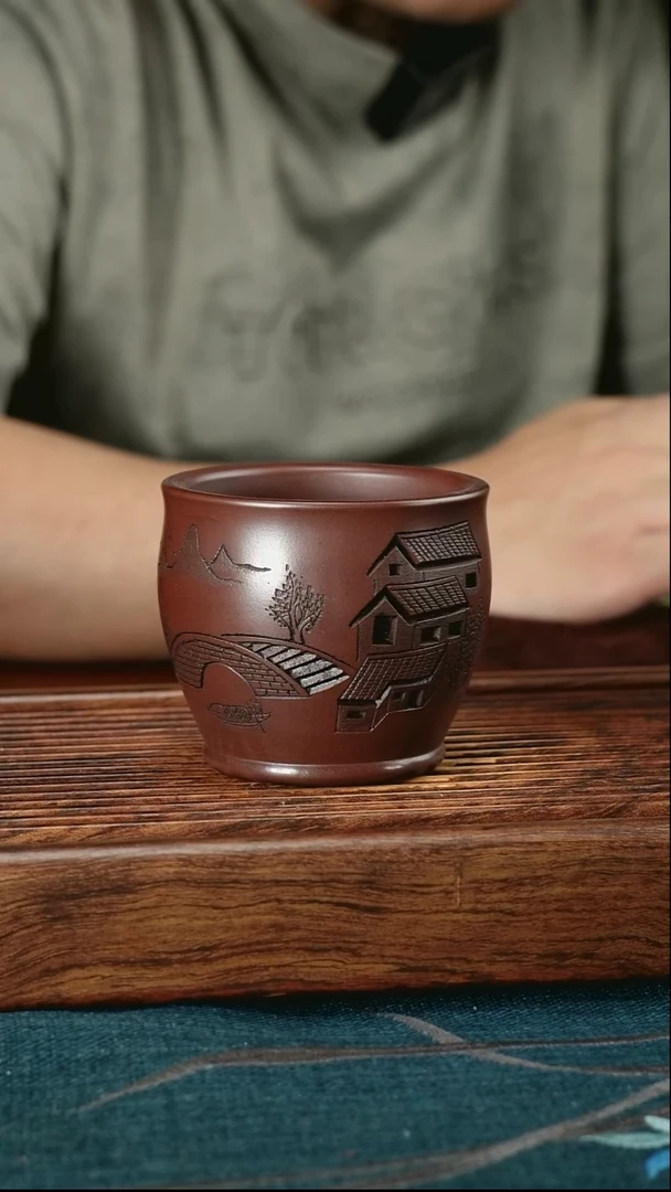 茶杯紫砂石红深刻江南水乡