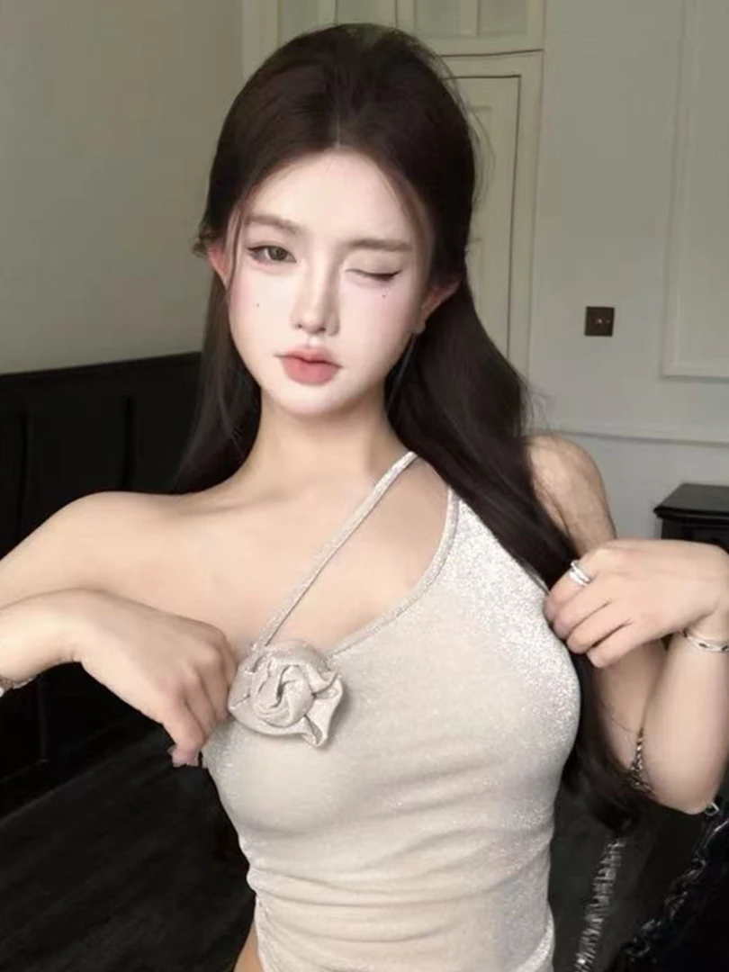 细闪玫瑰 斜肩带背心吊带女夏辣妹复古小众背心