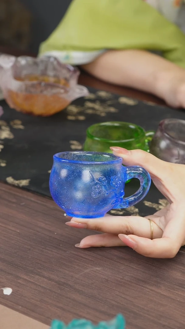 手工艺品琉璃蓝色梅花侧把主人杯