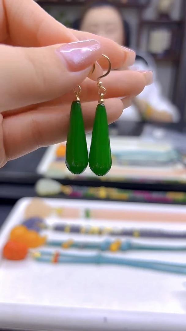 和田玉（碧玉）14K金镶嵌耳饰DIY款E74