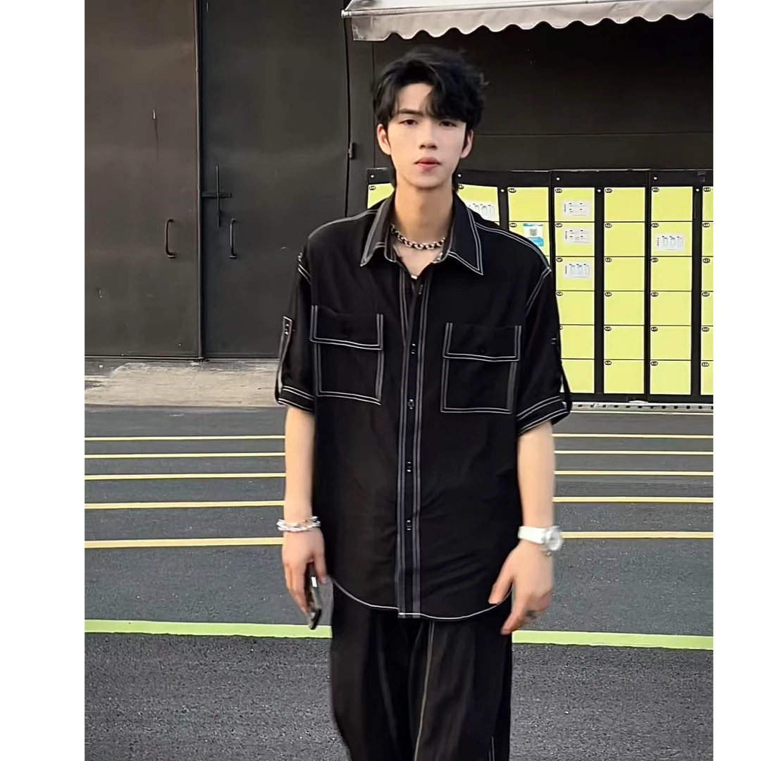 夏季新款潮流复古工装口袋明线设计感百搭衬衫宽松长裤套装