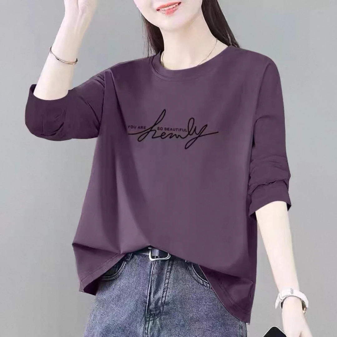 纯棉长袖t恤女宽松显瘦2025秋季新款韩版上衣休闲大码胖mm体恤衫