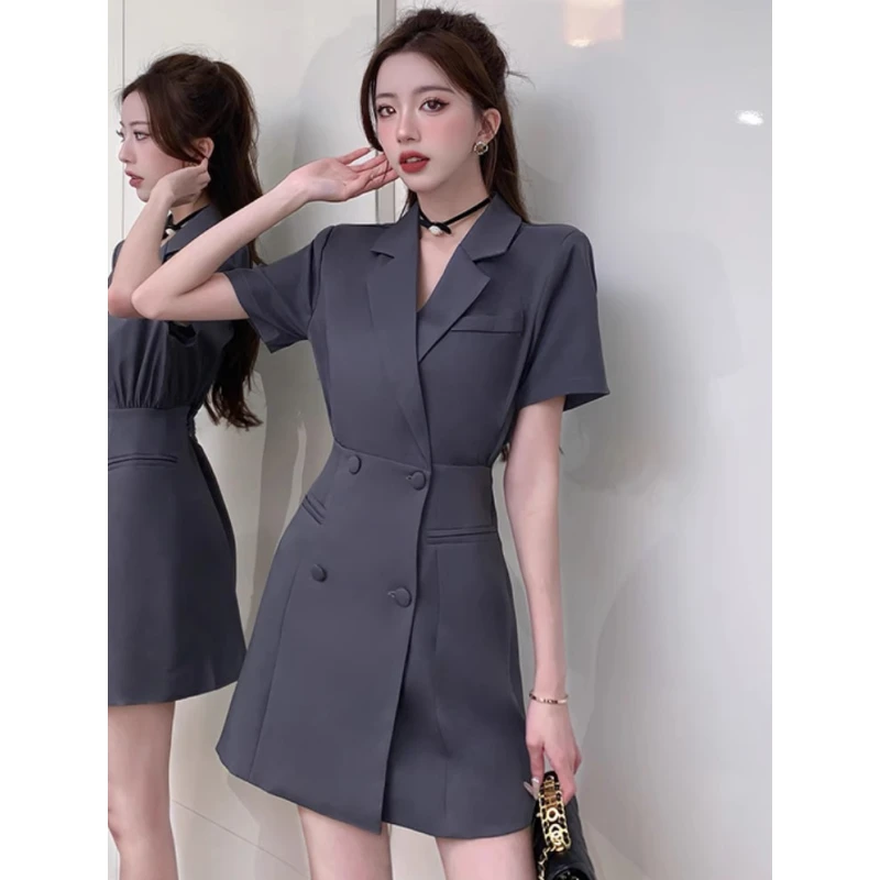 高级感双排扣短袖西装连衣裙女夏季新款纯色气质收腰显瘦a字裙子