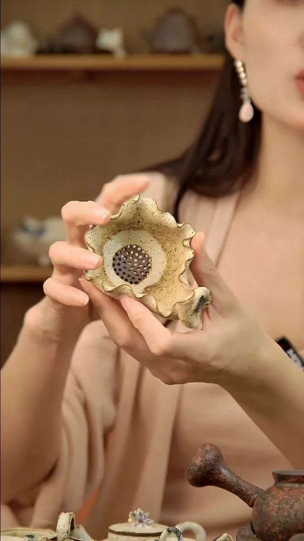 言野手作 粉引荷叶茶漏