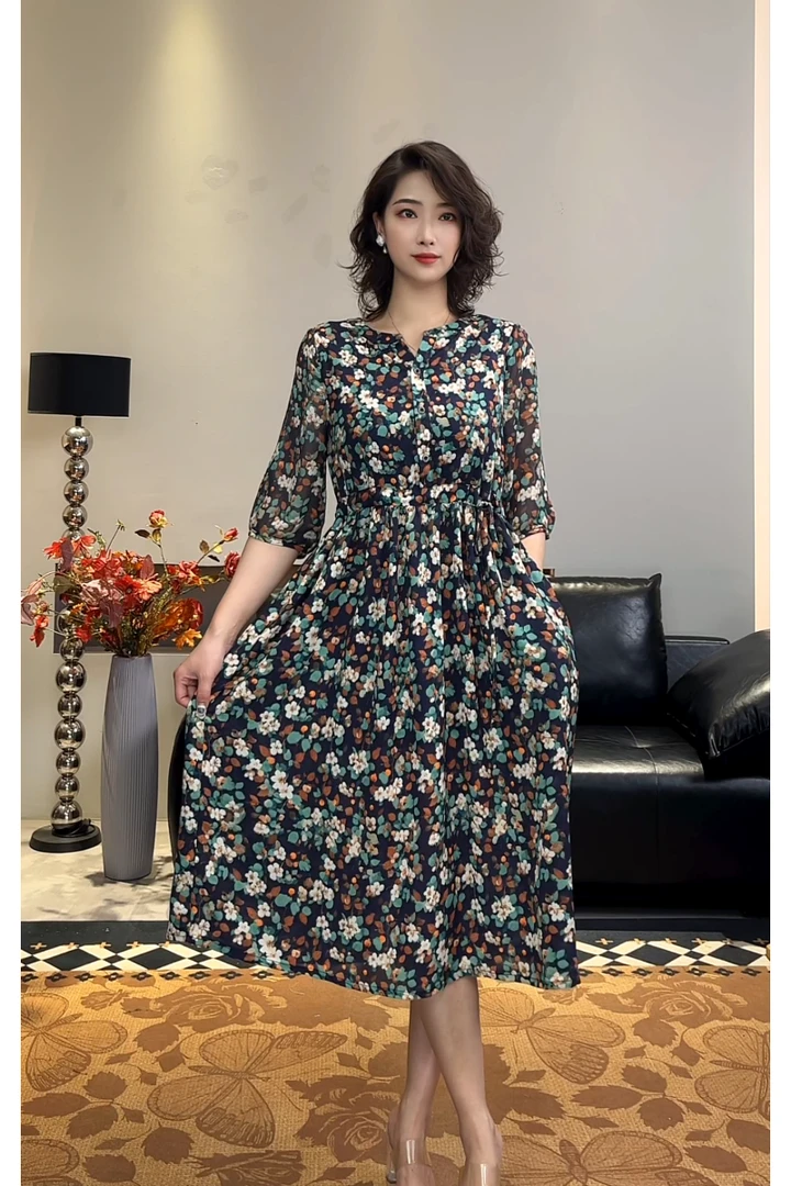 夏季法式裙子极简风气质植物花卉碎花中长裙宽松连衣裙【仲夏】