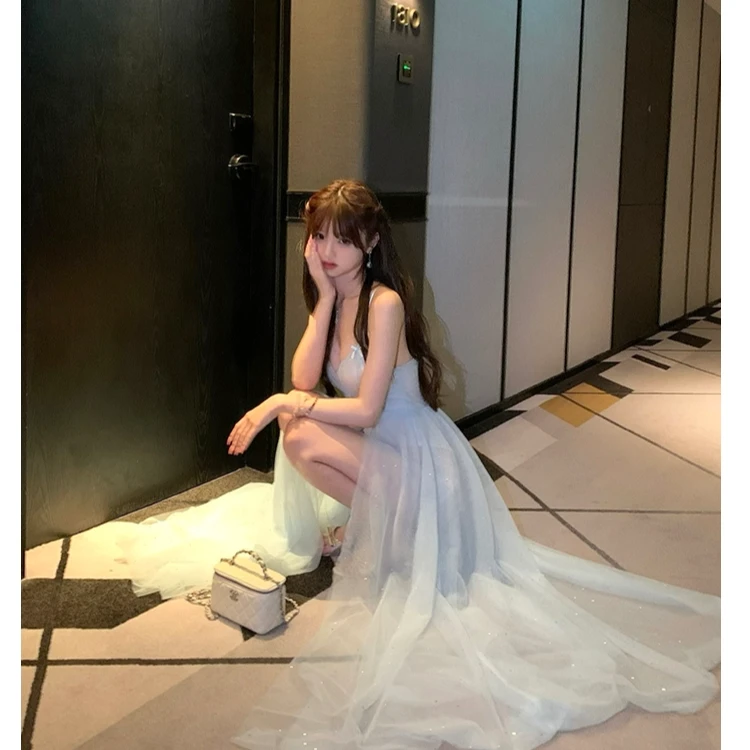 大码女装蓝色泪光绝美碎钻网纱裙度假吊带连衣裙11500