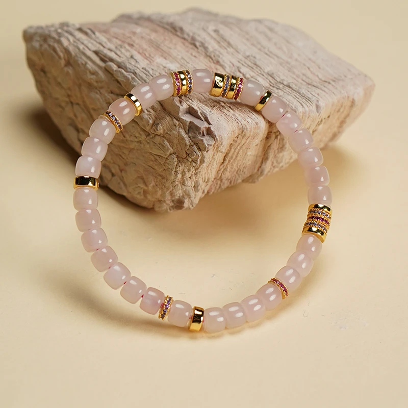 【粉黛】和田玉藕粉925银直切百搭轻奢简约气质手串