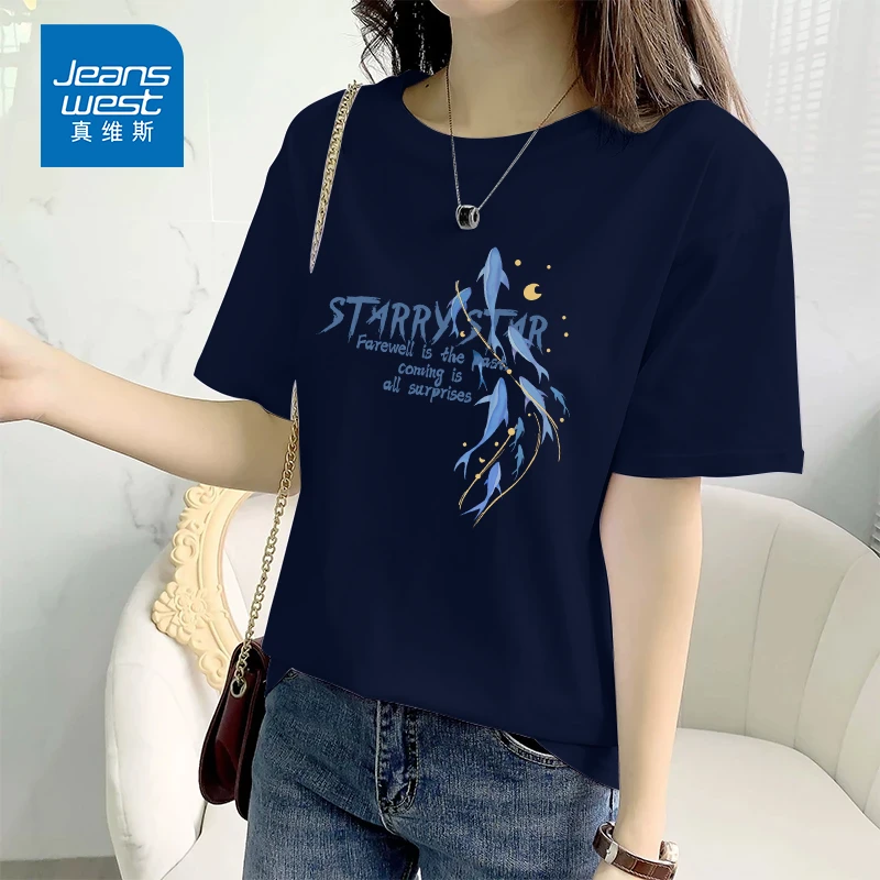 真维斯藏青色纯棉短袖T恤女2025夏季爆款百搭显瘦正肩小个子上衣